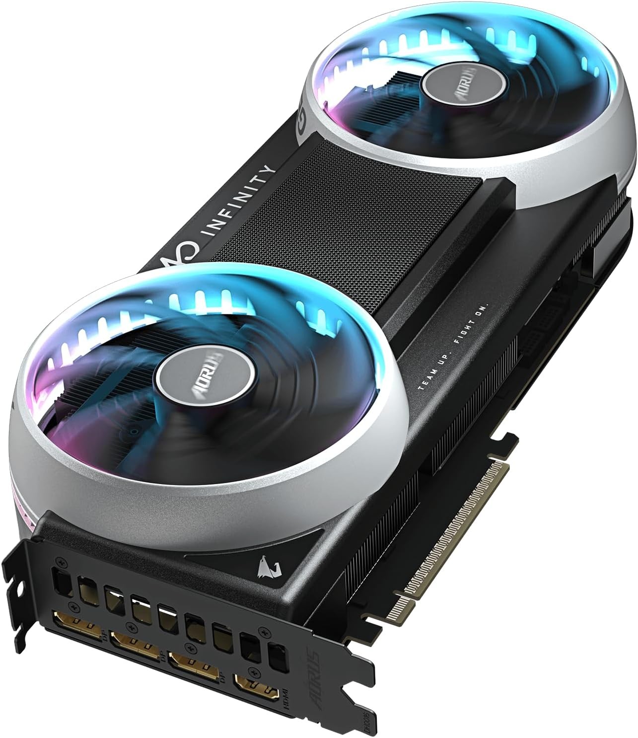 AORUS GeForce RTX 5080 INFINITYを斜め上から見た画像