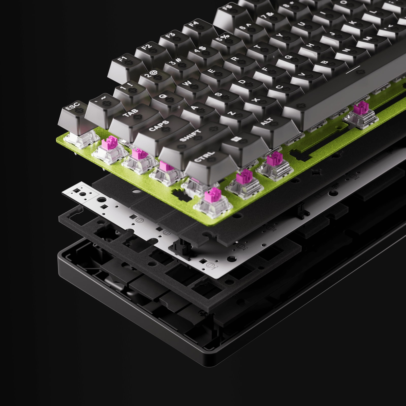 Apex Pro TKL Gen 3 Cyberの分解図。キーキャップ、スイッチ、プレート、防音材、ケースの層構造
