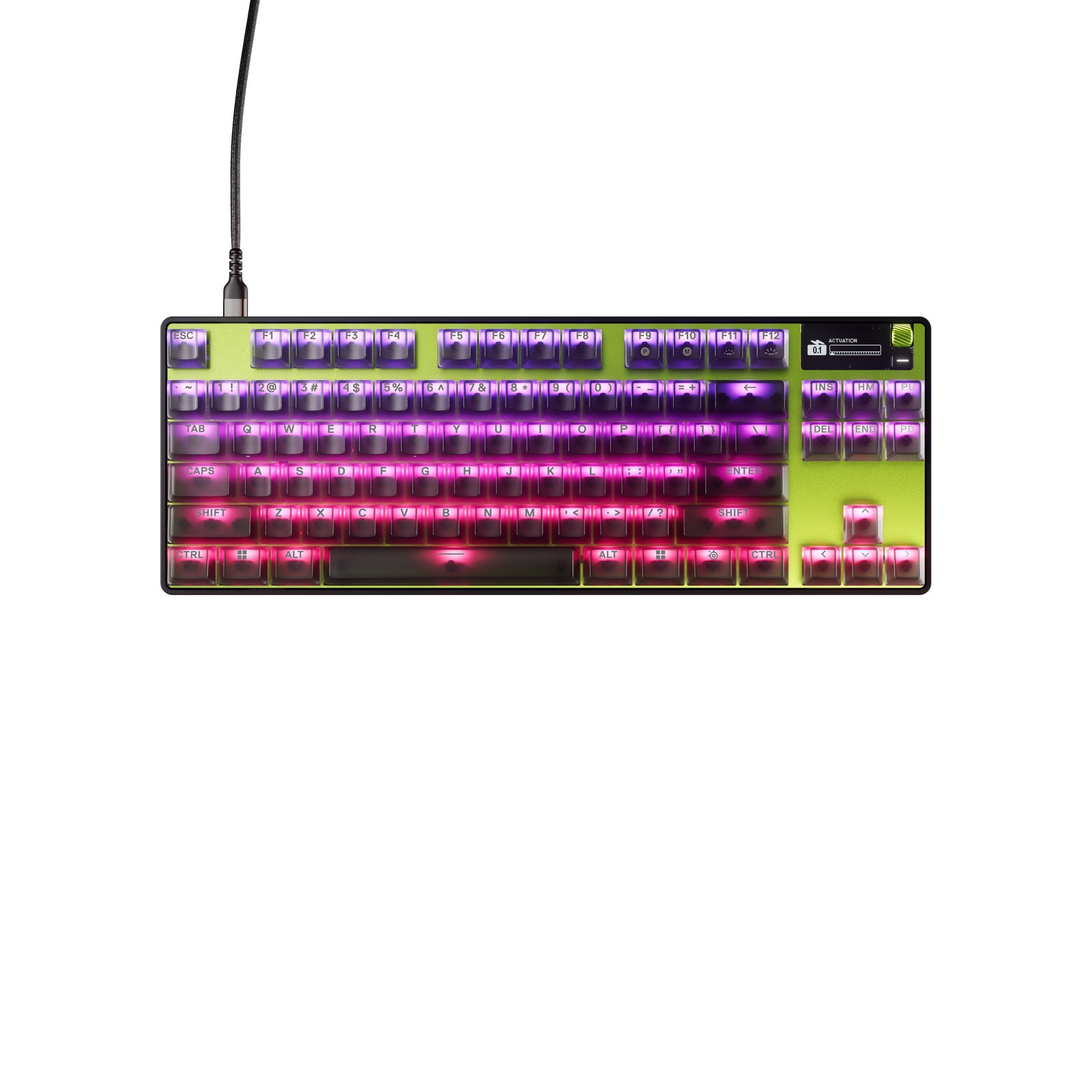 真上から見たApex Pro TKL Gen 3 Cyber。ライムグリーンの天板と半透明キーキャップ