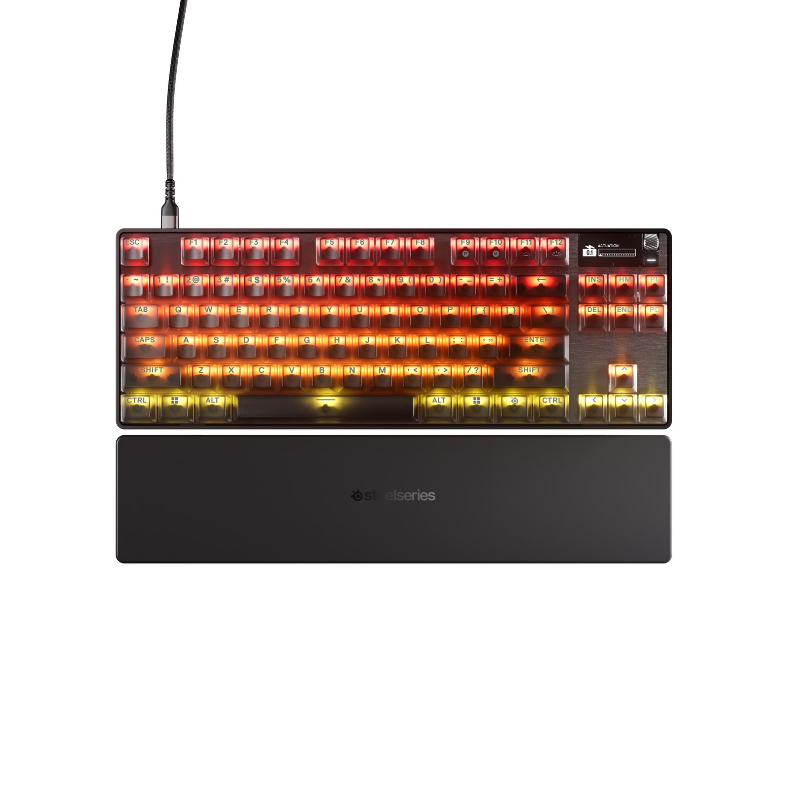 付属のリストレストを付けたApex Pro TKL Gen 3 Steelを真上から見た画像