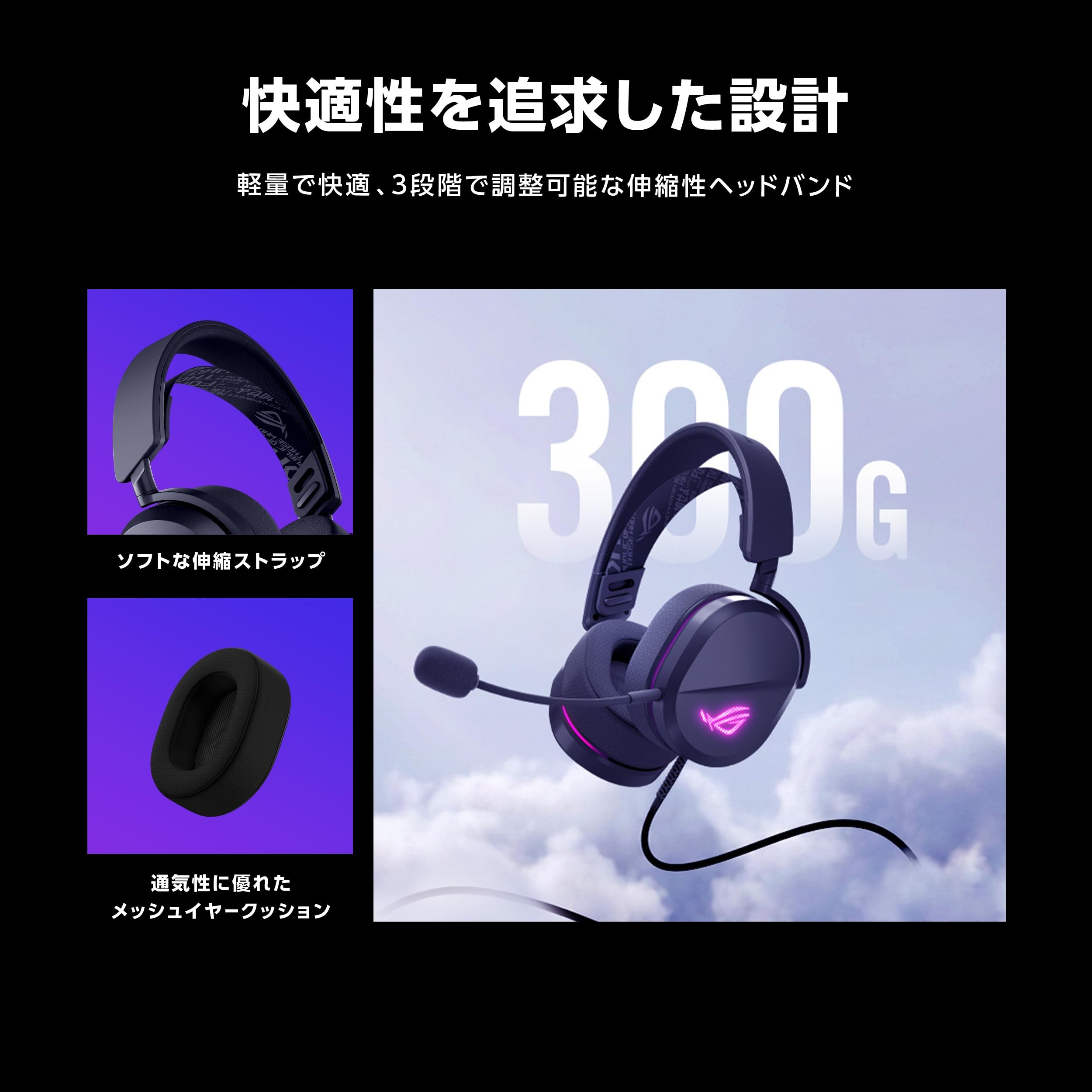 300gの軽量設計と伸縮性ヘッドバンド、メッシュイヤークッションを示したROG Pelta Coreの画像