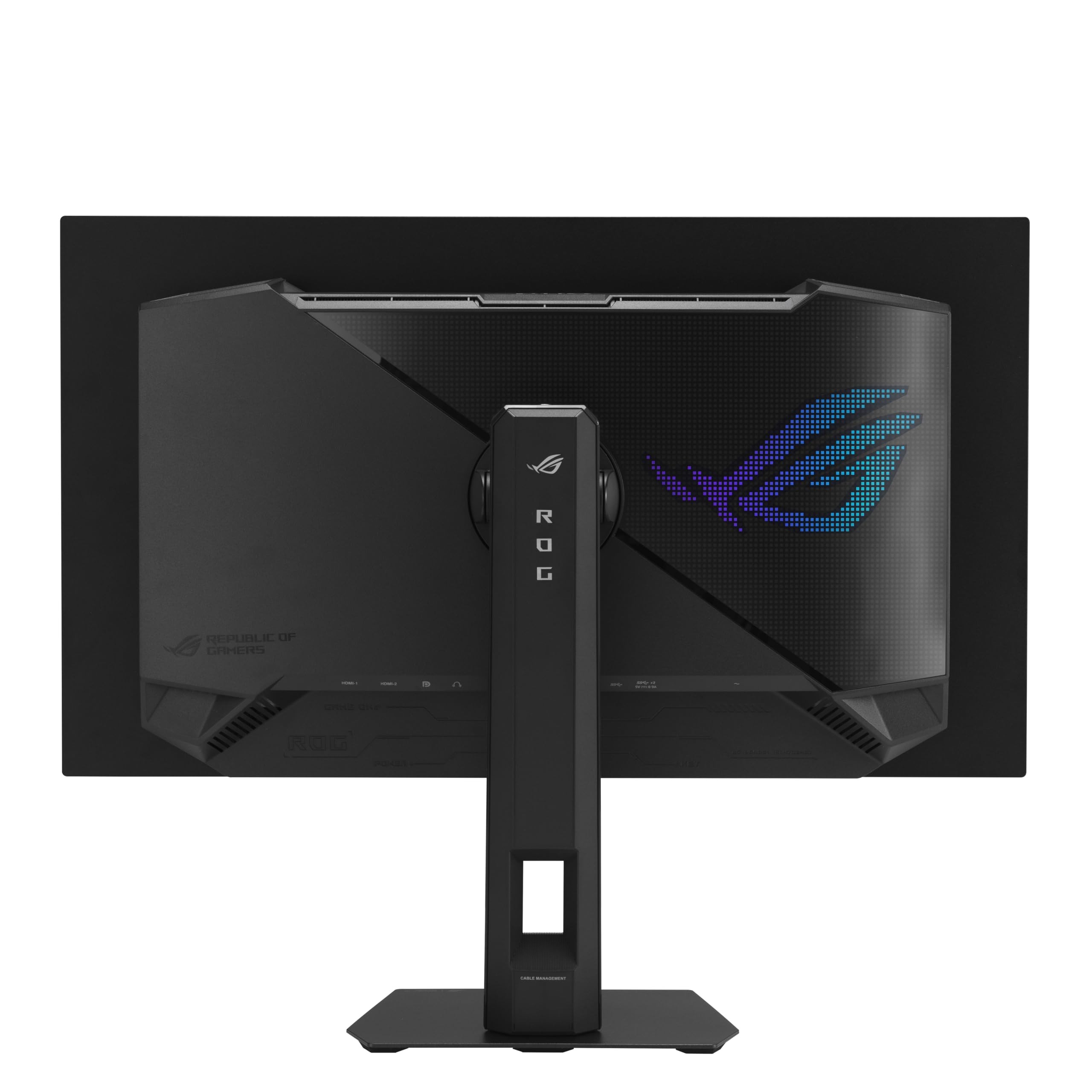 XG27AQDMGRを背面から見た画像。スタンドとROGロゴのライティング