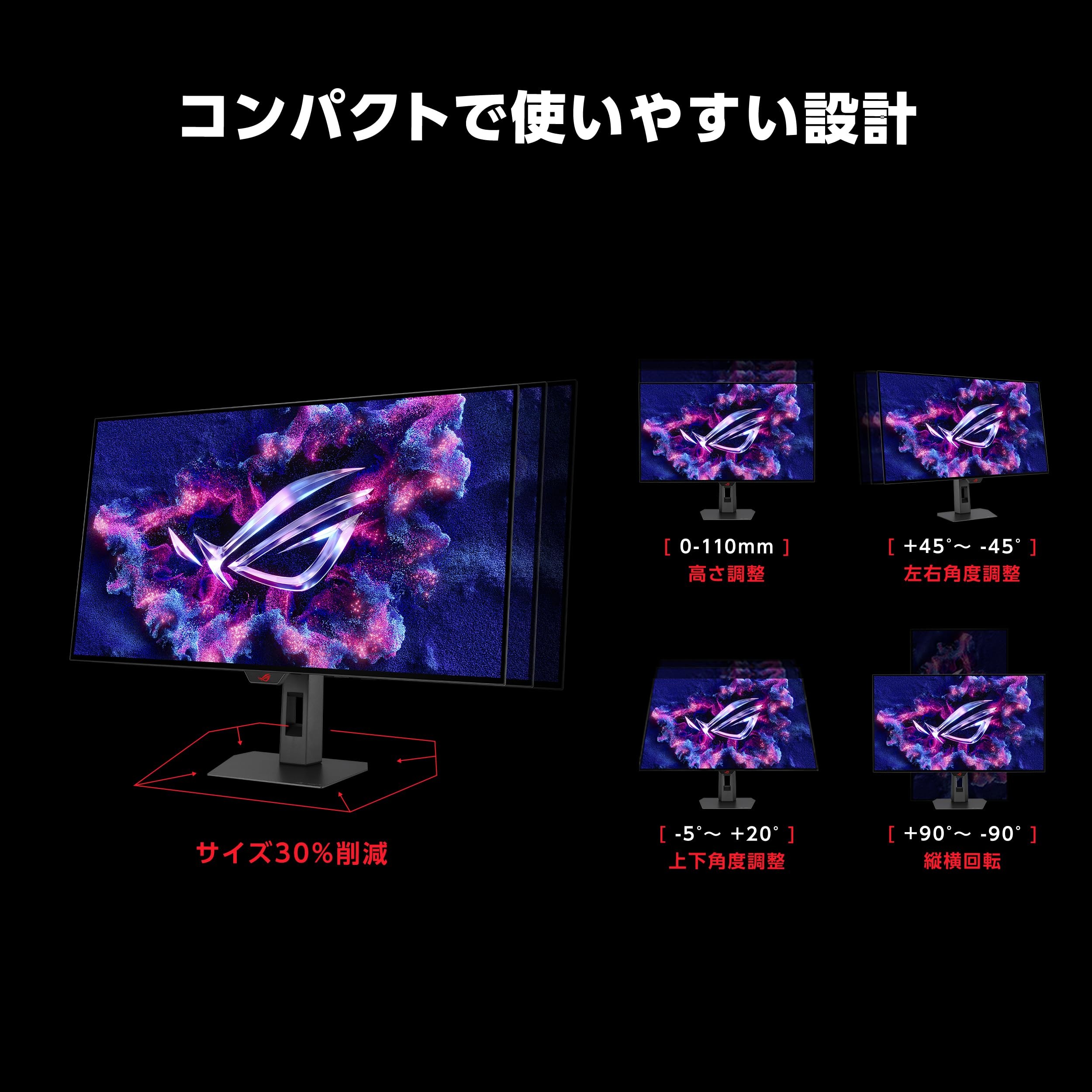 小型化されたスタンドと、高さ・角度の調整範囲を示した画像