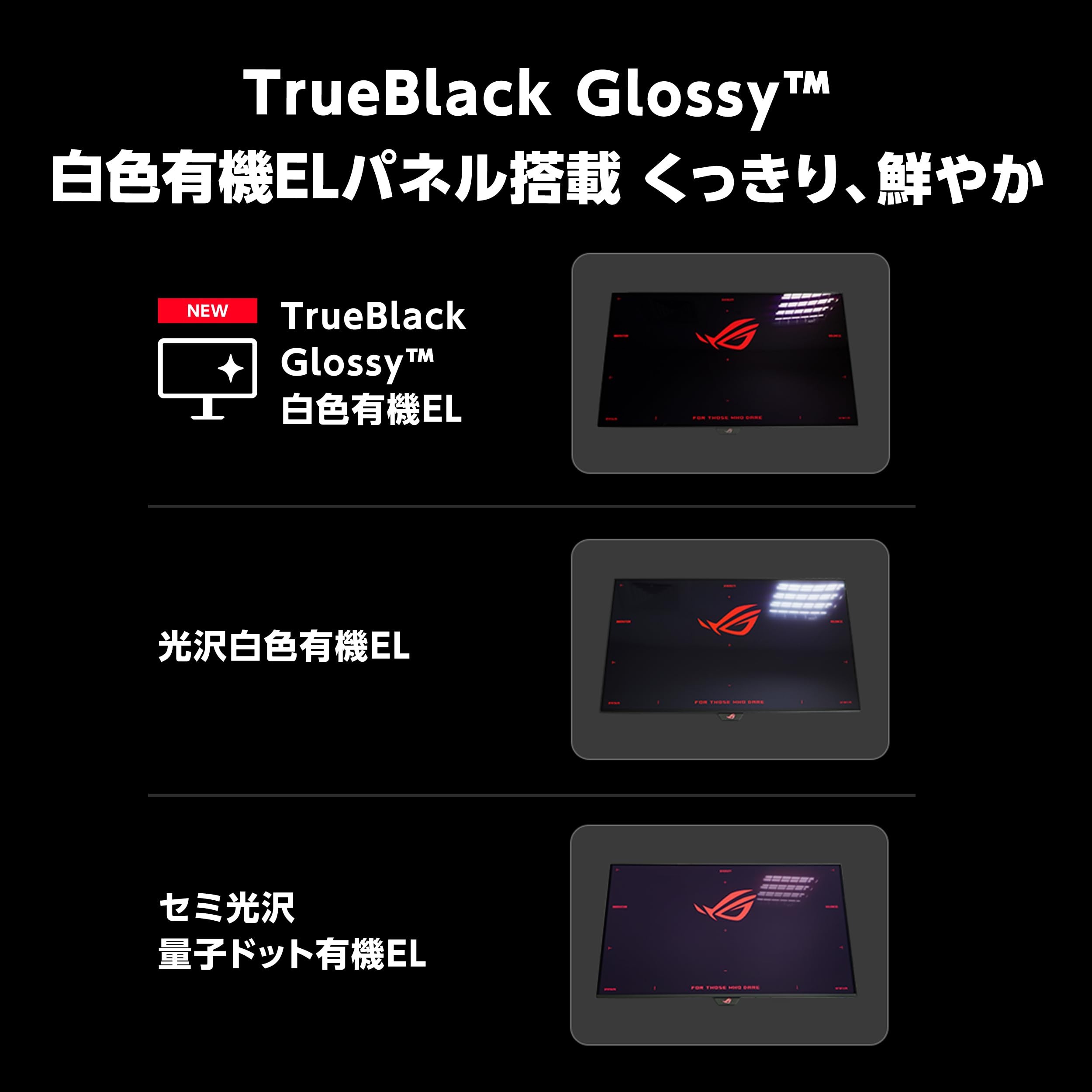 従来の光沢WOLED、TrueBlack Glossy、セミ光沢の量子ドット有機ELの映り込みを比べた画像