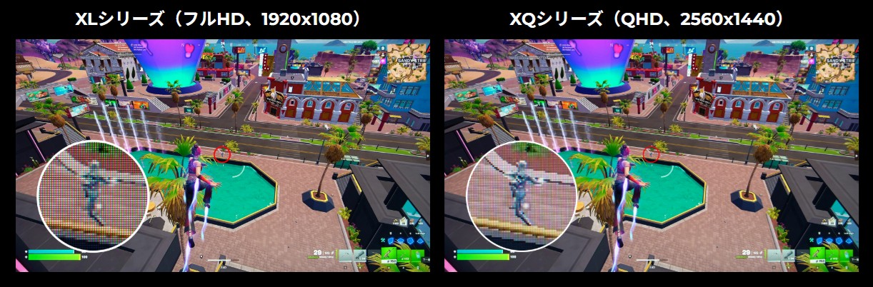 ZOWIEのXLシリーズ(フルHD)とXQシリーズ(WQHD)で、バトルロイヤルゲームの見え方を比べたBenQのイメージ画像