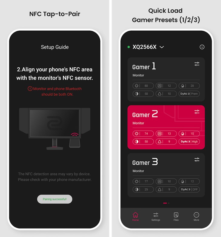 スマートフォンアプリ「ZOWIE Sync」の画面イメージ。NFCでモニターとペアリングし、設定を読み込む
