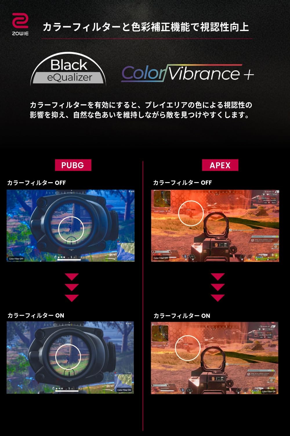 カラーフィルターのオンとオフで敵の見え方を比べた画像