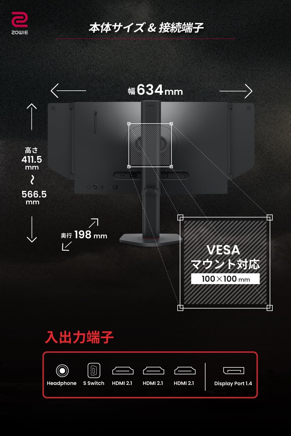 XQ2766Xの本体サイズと入出力端子を示した画像