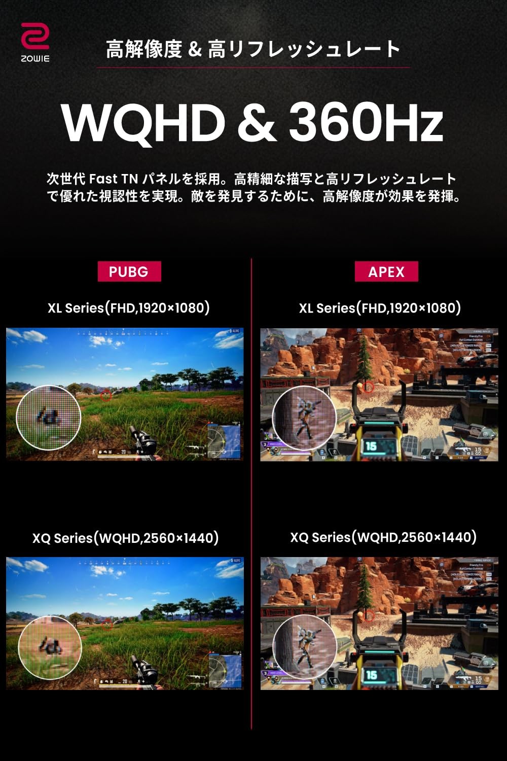 フルHDのXLシリーズとWQHDのXQシリーズの見え方を比べた画像