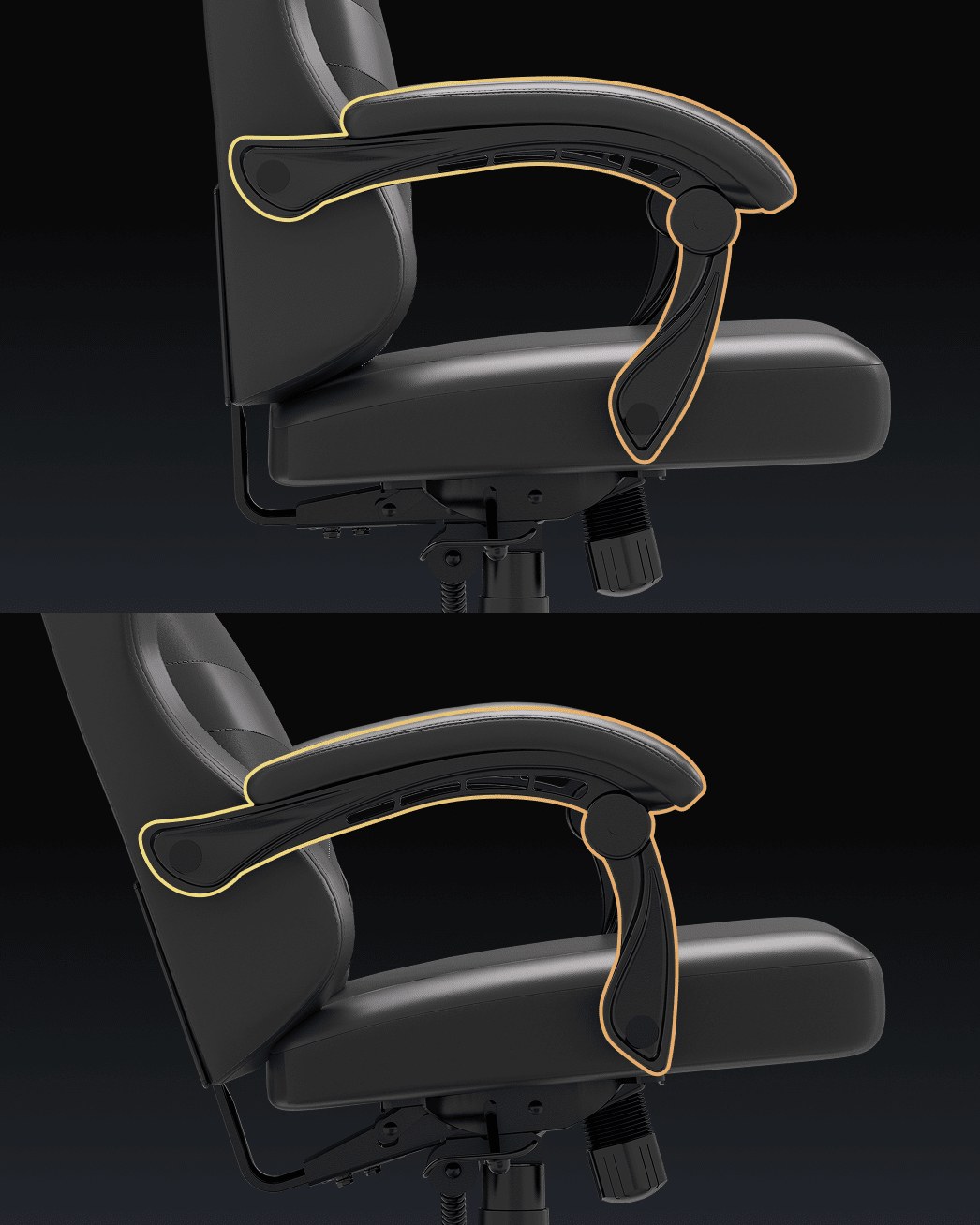 CORSAIR TC80のリンケージ式アームレストがリクライニングに連動する様子