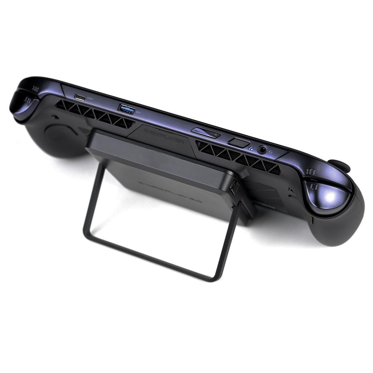 OneXFly APEX Airの背面に取り付けた着脱式バッテリーとスタンド