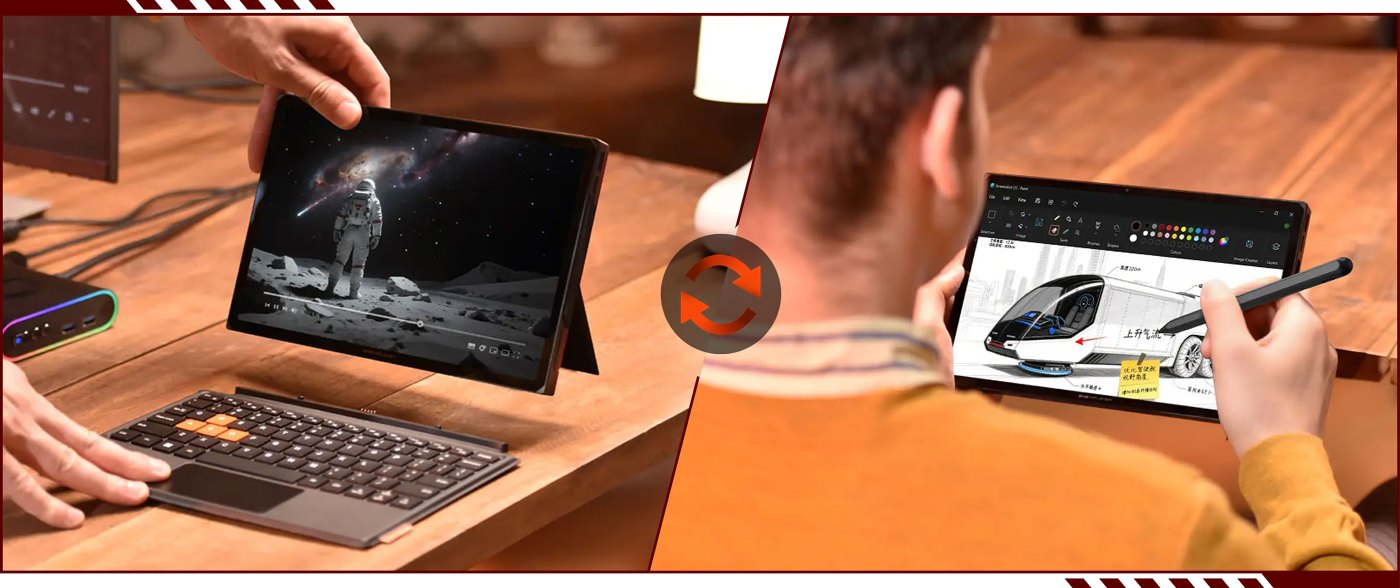 OneXPlayer X2 Airをノートブックモードとタブレットモードで使う様子