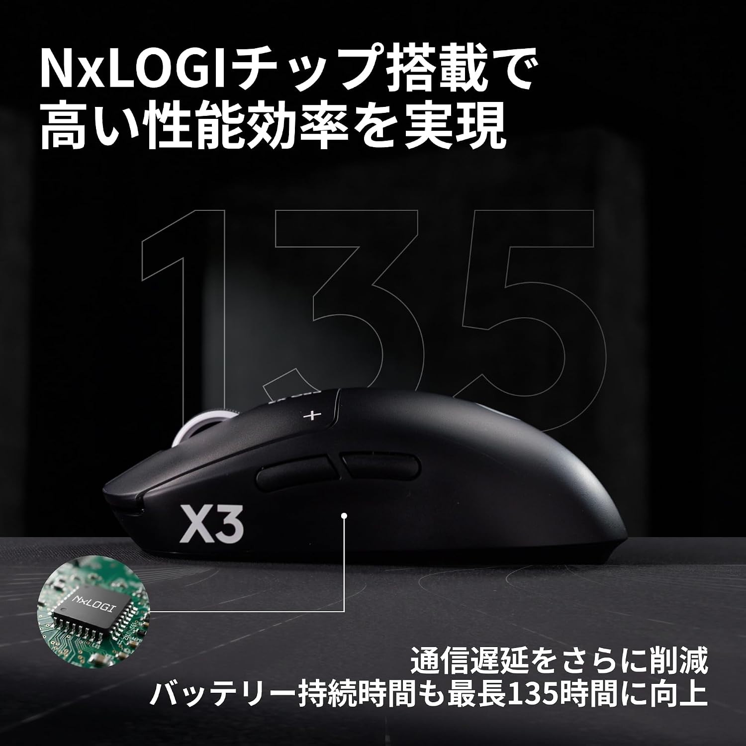 NxLOGIチップと最大135時間のバッテリーを示したPRO X3の公式画像