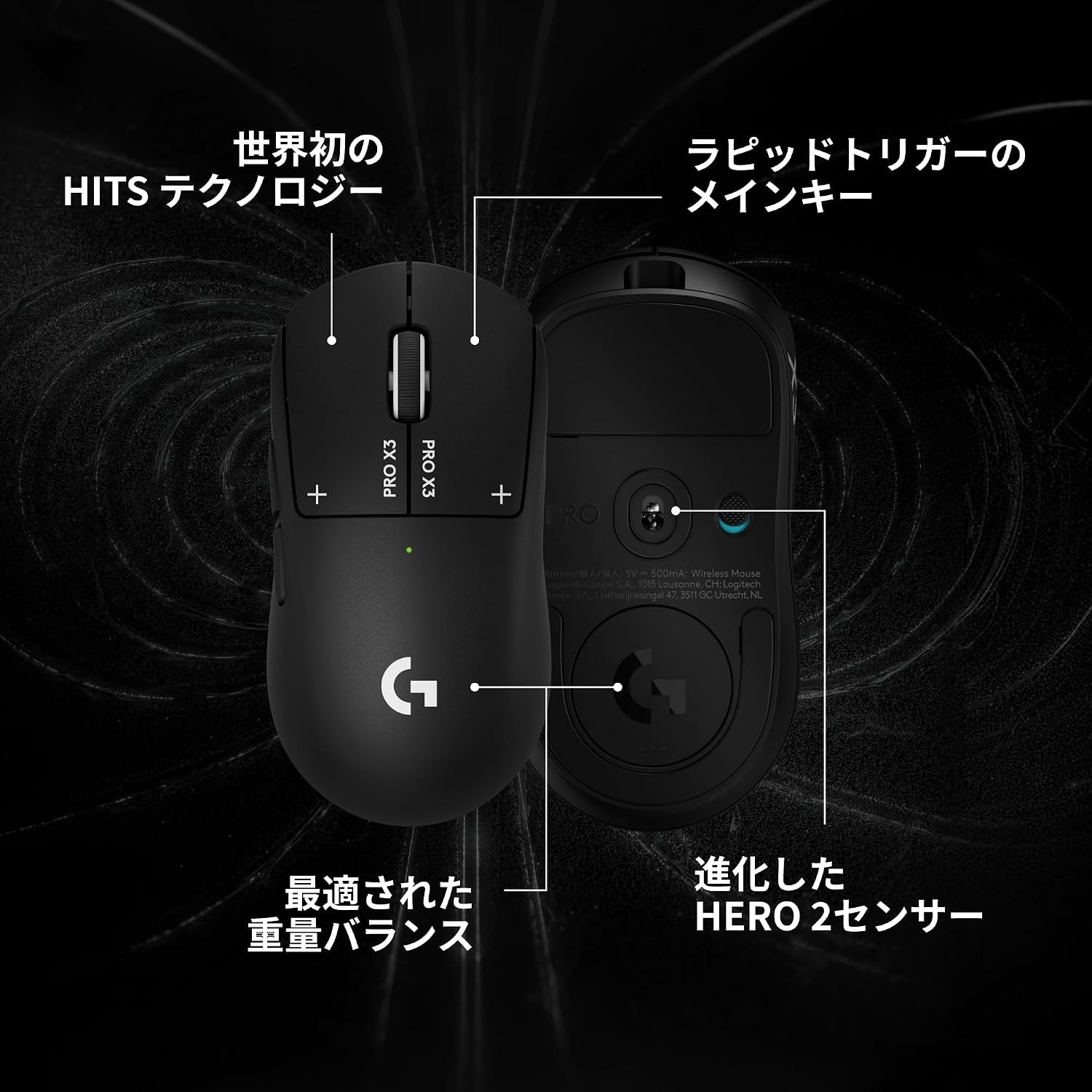 PRO X3 SUPERSTRIKEの内部構造を示した公式画像。HITS、最適化された重量バランス、HERO 2センサーの位置