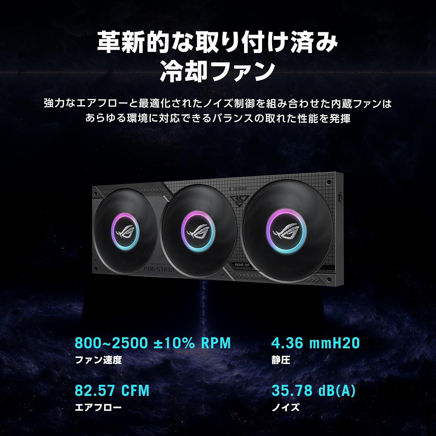 ラジエーターに取り付け済みの一体型ファンの仕様を示す画像