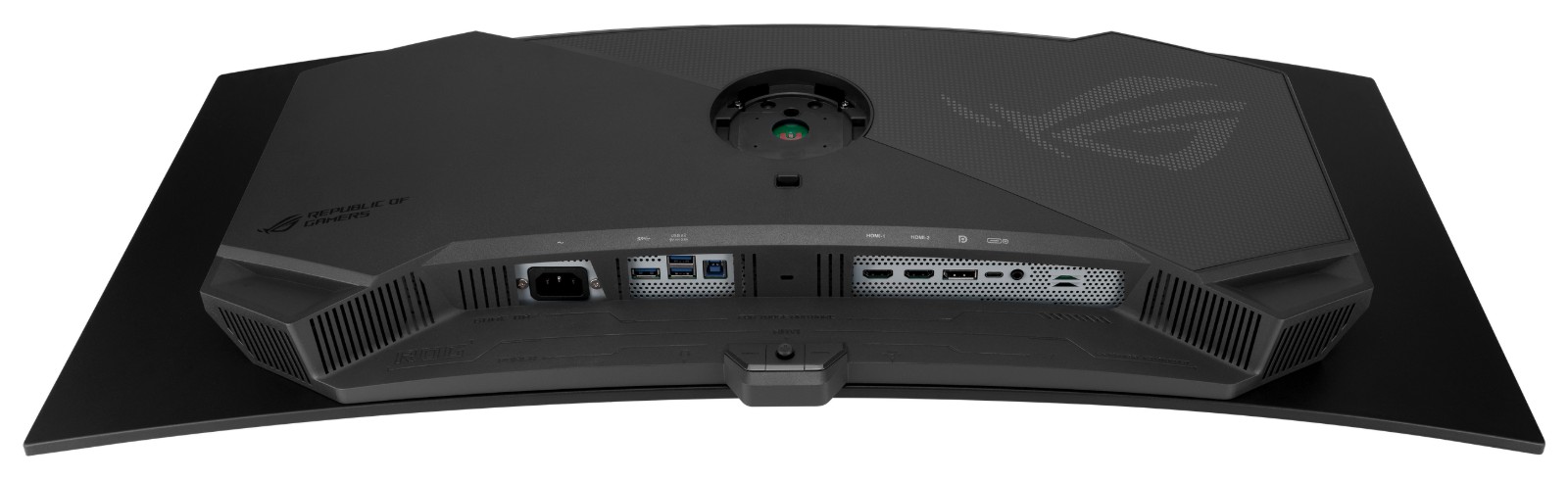 ROG Swift OLED PG34WCDNを背面下側から見た画像。入力端子が並んでいる