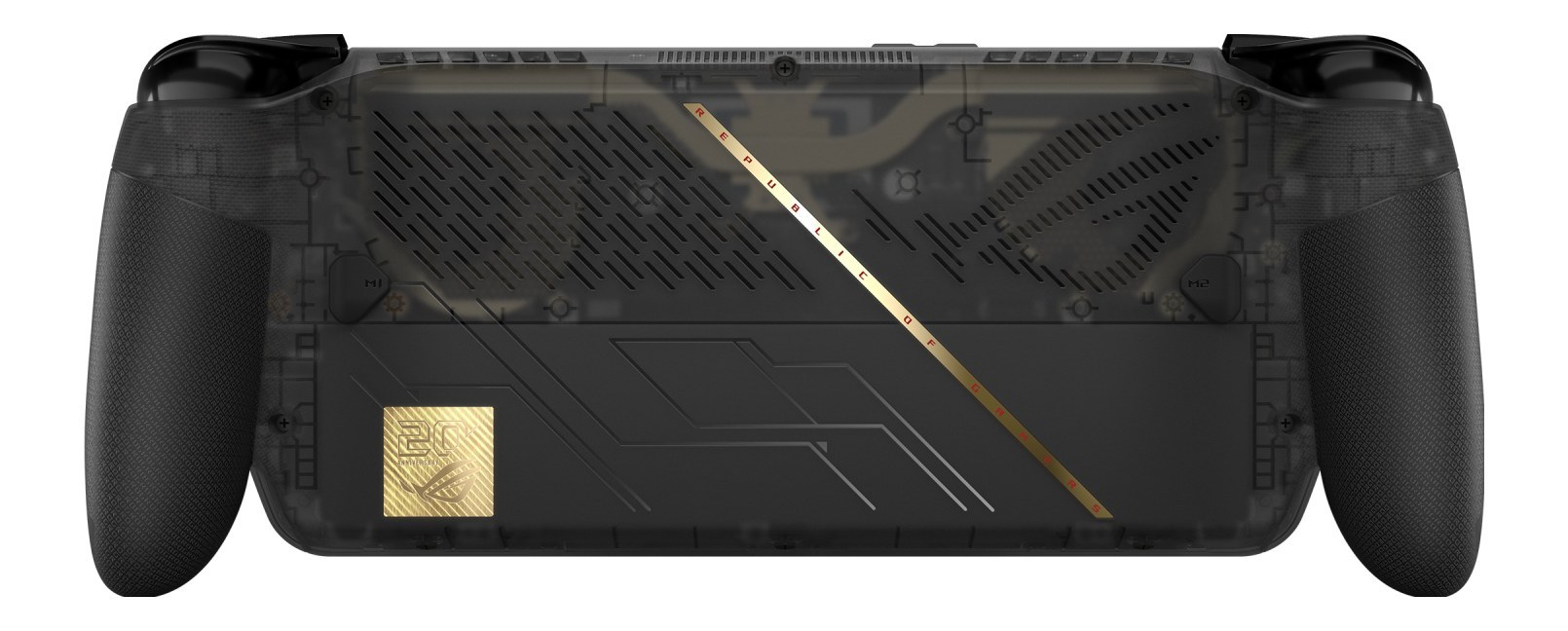 ROG XBOX Ally X20の背面。半透明ブラックボディとROG 20周年記念バッジ