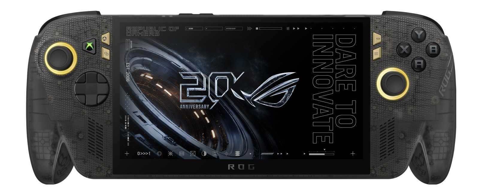 ROG XBOX Ally X20の正面。7.4型有機ELディスプレイとゴールドのジョイスティック