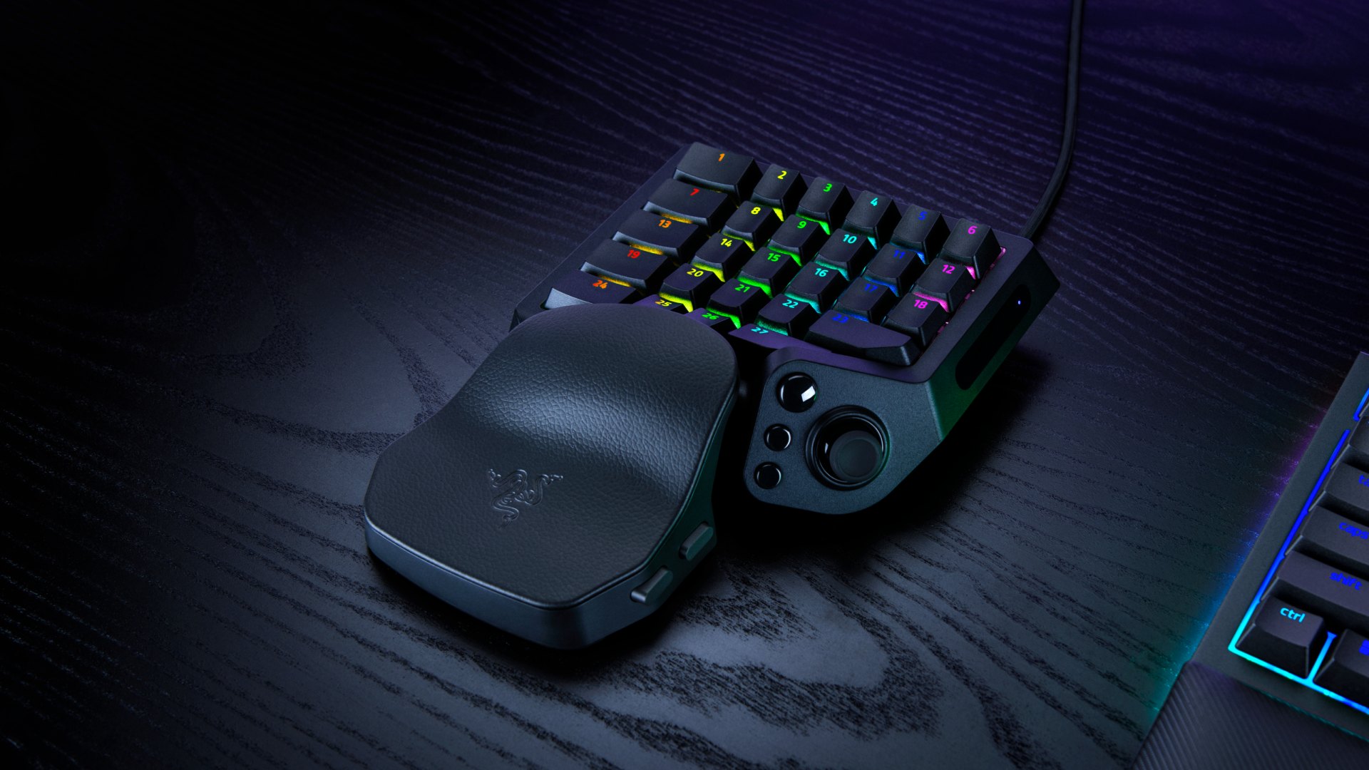 木目のデスクに置いたRazer Tartarus V2 Pro。リストレスト、TMR親指スティック、親指まわりのボタンが見える