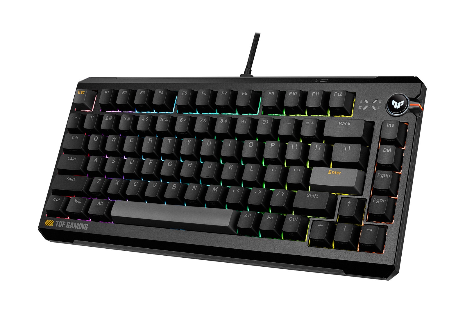 斜め前から見たTUF Gaming K4 Magnetic(ブラック)。右上にボリュームノブが配置されている