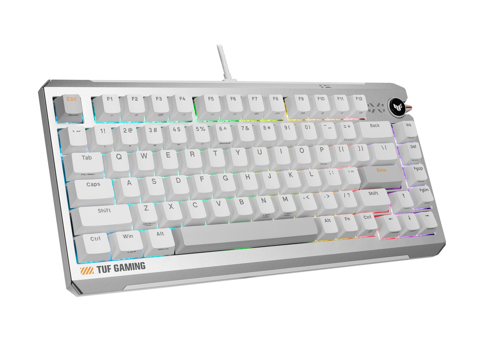 斜め上から見たTUF Gaming K4 Magnetic(ホワイト)の75%配列。Fキー列と矢印キーが残っている